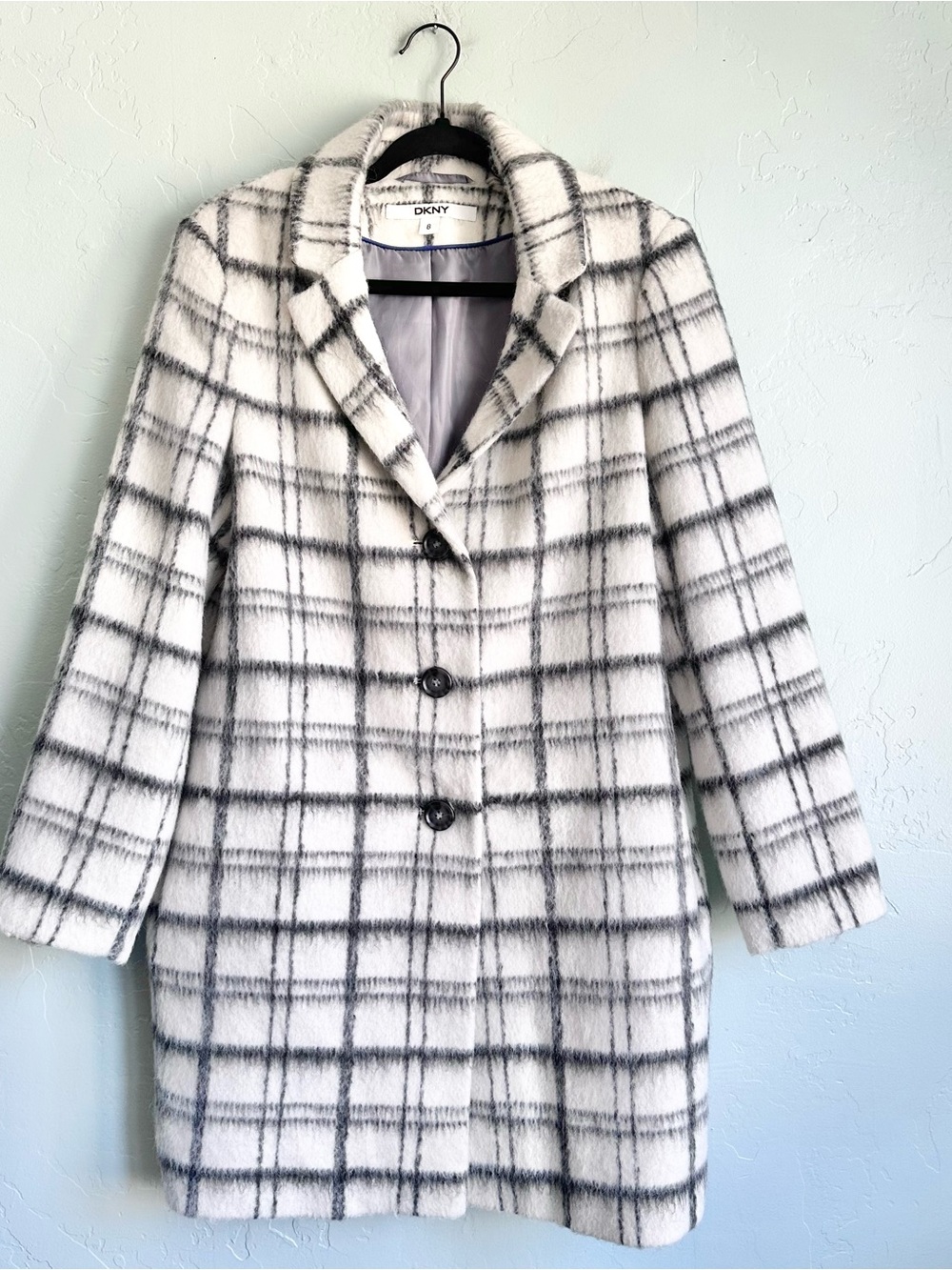 DKNY Women’s Classic Plaid Wool-Blend Pea Coat size 8 EUC Preppy Fall Office